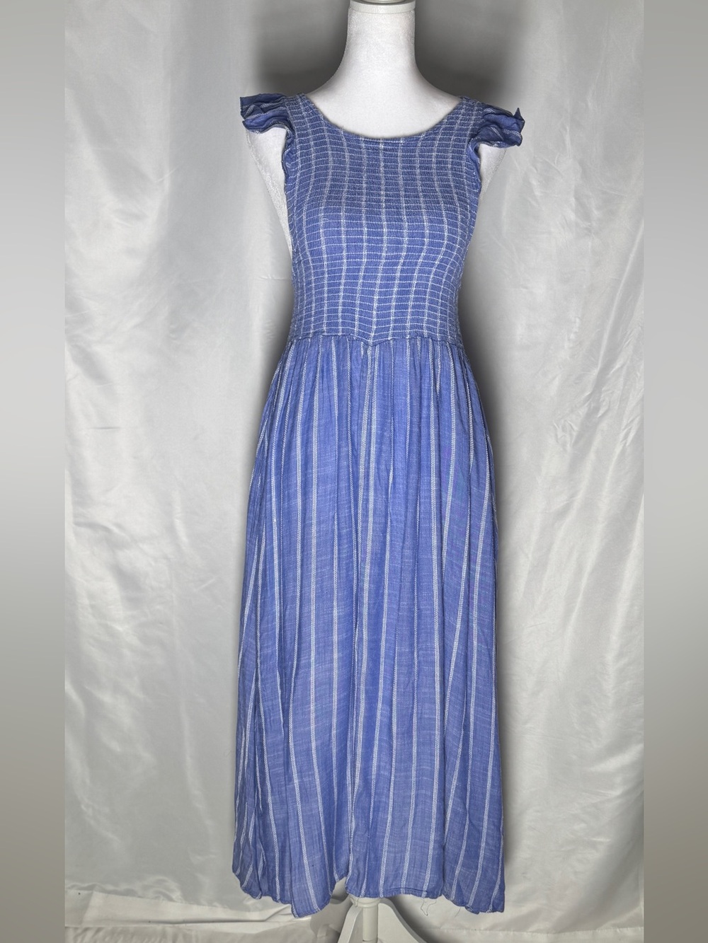 Free People Blue Striped Open Back Midi Dress Pockets Boho Cottagecore Small